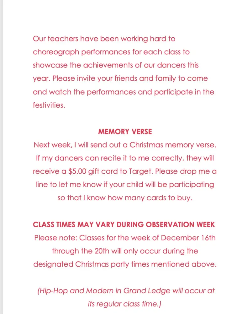 Observation Week 2 schedule sheet for parent viewing